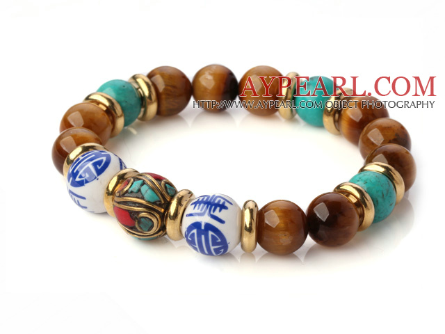 Populære Round Xinjiang Grønn Turkis Tiger Eye Og Porselen perler Stretch armbånd med tibetansk Charm