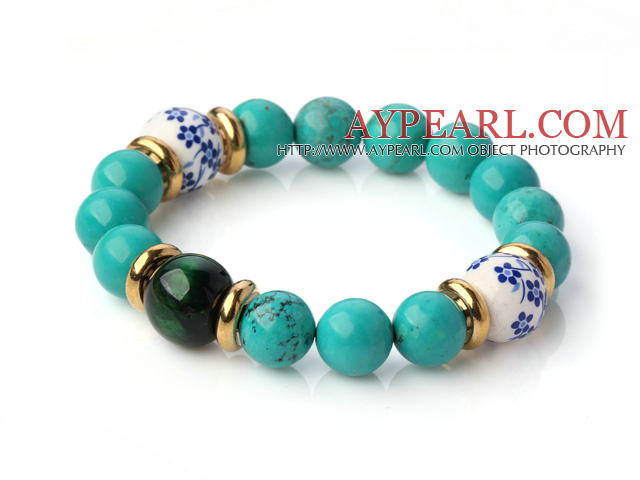 Popular Round Xinjiang Green Turquoise Tiger Eye And Porcelain Beads Stretch Bracelet