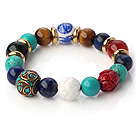 Populära Multi Round Grön Turkos Lapis Tigeröga Red Agate och porslin pärlor Stretch Bracelet