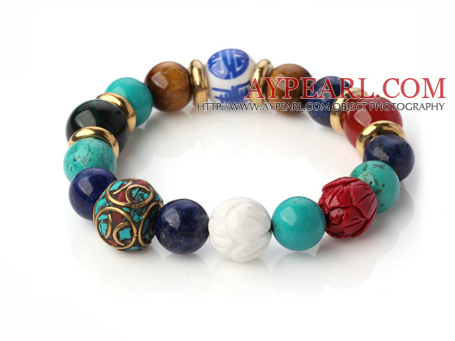 Popular Multi Round Green Turquoise Lapis Tiger Eye Red Agate And Porcelain Beads Stretch Bracelet