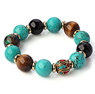 Fashion Round Xinjiang Grønn Turkis Tiger Eye og svart Agate Beaded Stretch Bracelet