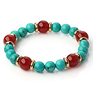 Fashion Round Xinjiang Green Turquoise And Red Agate Beaded Stretch Bracelet