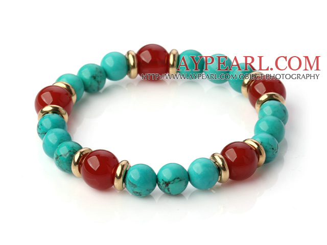 Fashion Round Xinjiang Green Turquoise And Red Agate Beaded Stretch Bracelet