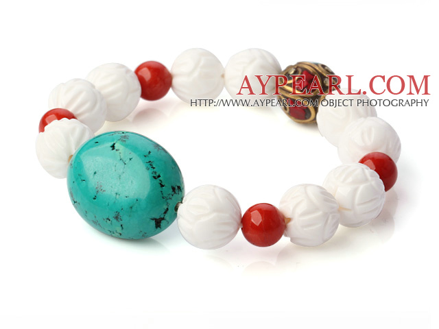 Fashion Round Red Coral Green Turquoise And White Lotus Shell Beads Stretch Bracelet With Tibetan Charm