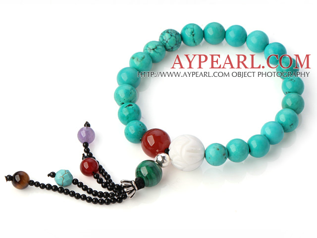 Fashion Round Xinjiang Grønn Turkis Agate Malachite Tiger Eye And White Shell perler dusk armbånd