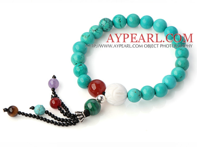 Fashion Round Xinjiang Green Turquoise Agate Malachite Tiger Eye And White Shell Beads Tassel Bracelet