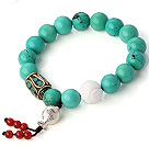 Fashion Round Xinjiang Green Turquoise And White Shell Beads Bracelet With 925 Silver Fish And Red Agate Pendants