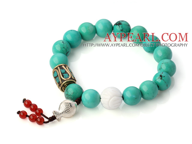 Fashion Round Xinjiang Green Turquoise And White Shell Beads Bracelet With 925 Silver Fish And Red Agate Pendants