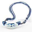 Hand-painted Blue and White Porcelain Cat Shape Pendant with Adjustable Thread