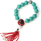 Pretty Xinjiang Green Turquoise Mosaic Stone White Shell And Red Agate Tassel Bracelet With 925 Silver Charms