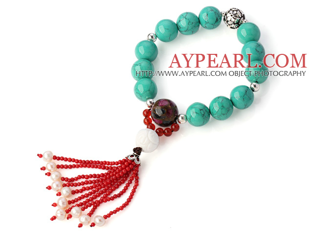 Pretty Xinjiang Green Turquoise Mosaic Stone White Shell And Red Agate Tassel Bracelet With 925 Silver Charms