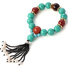 Pretty Round Xinjiang Green Turquoise Red Stone White Pearl And Black Agate Tassel Stretch Bracelet