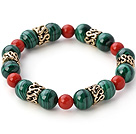 Fashion Natural Round Malachite And Taiwan Red Coral Beaded Bracelet With Gold Ring Charms