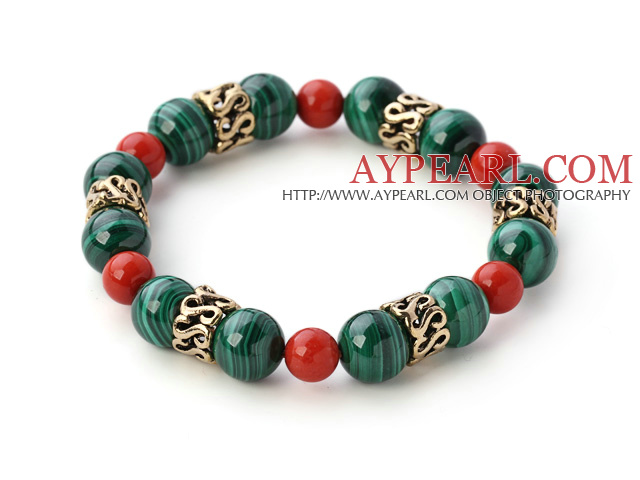 Fashion Natural Round Malachite And Taiwan Red Coral Beaded Bracelet With Gold Ring Charms