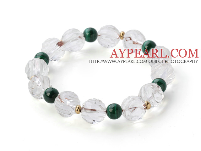 Vakker Natural White Crystal And Round Malachite Beaded Elastisk armbånd