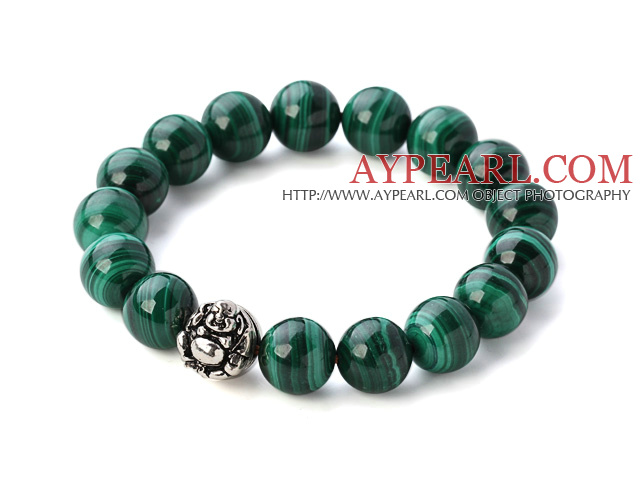 Nice Natural Round 10mm Malachite Beads Elastic Bracelet With 925 Sterling Silver Elephant