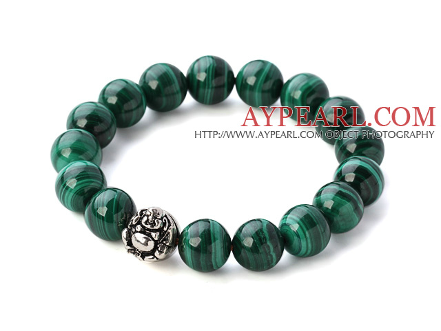 Nice Natural Round 10mm Malachite perler elastisk armbånd med 925 Sterling Silver Elephant