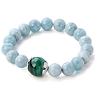 Beautiful Natural Round Aquamarine And Malachite Beaded Elastic Bracelet With Sterling Silver Cap Charm