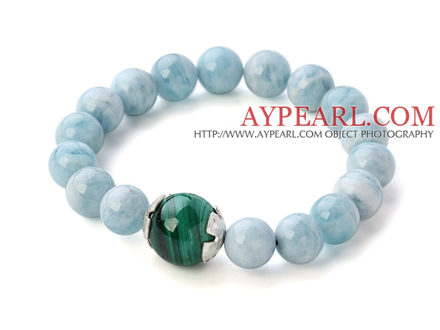 Beautiful Natural Round Aquamarine And Malachite Beaded Elastic Bracelet With Sterling Silver Cap Charm