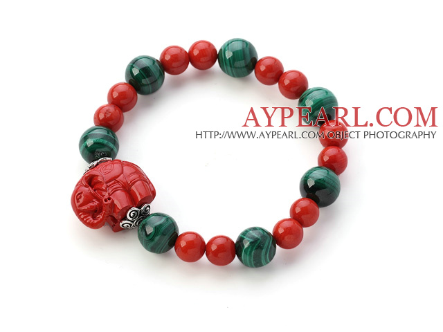 Fashion Natural Round Malachite And Taiwan Red Coral Beaded Bracelet With Red Cinnabar Elephant