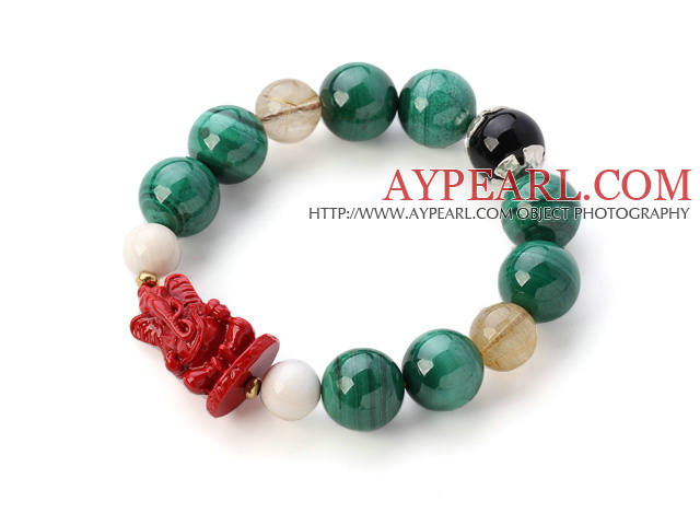 Fashion Natural Round Malachite Gold Rutilated Quartz And White Sea Shell Beads Bracelet With Red Fairy