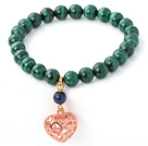 Nice Natural Round Malachite And Lapis Beaded Elastic Bracelet With Gold Hollow Heart Charm