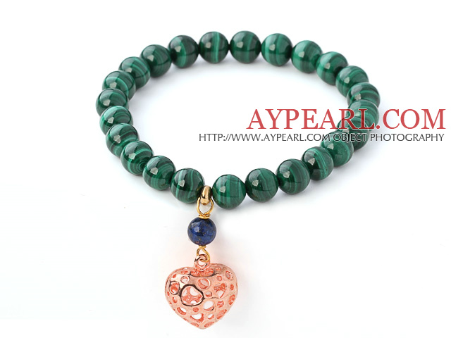 Nice Natural Round Malachite And Lapis Beaded Elastic Bracelet With Gold Hollow Heart Charm