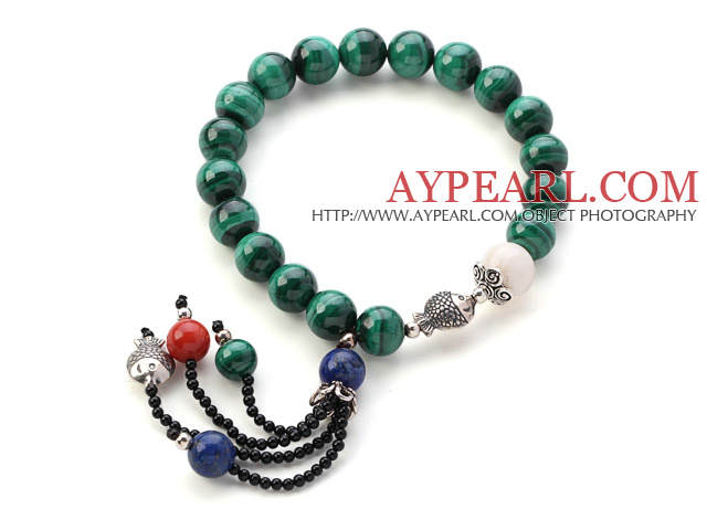Fashion Round Malachite White Sea Shell Lapis And Coral Tassel Bracelet With Sterling Silver Fish