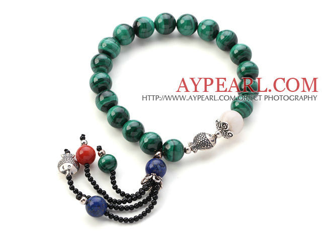 Fashion Round Malachite Hvit Sea Shell Lapis og Coral dusk armbånd med Sterling Silver Fish