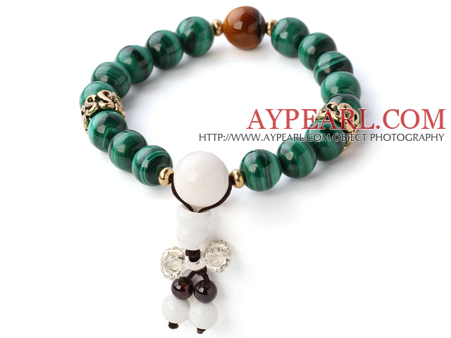 Fashion Natural Round Malachite Tiger Eye And White Sea Shell Beaded Bracelet With Sterling Silver Krisssword Charm