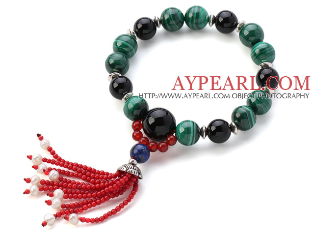 Mode Natural Round Malakit Black And Red Agate Lapis Pearl Tassel armband med Sterling Silver Cap Charm