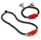 Naturel Rouge Corail et Agate Noire Set (Collier et bracelet assortis)