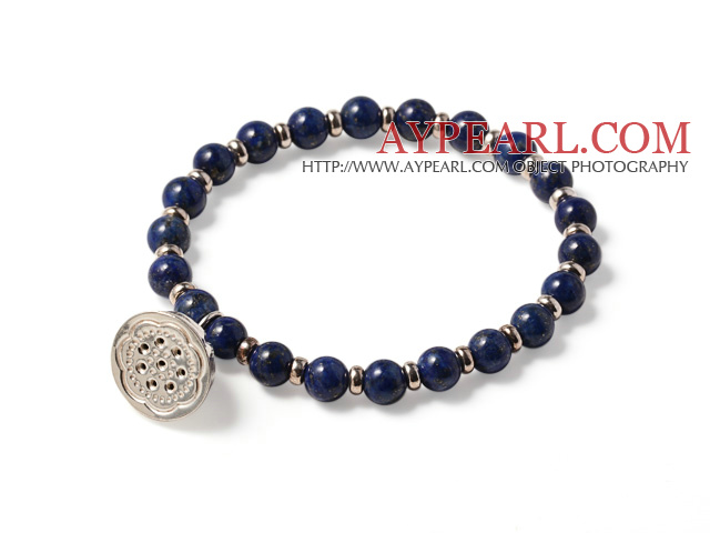 Simple Fashion Style Single Strand Round Lapis Beads Bracelet With 925 Sterling Silver Lotus Seedpod Accessory