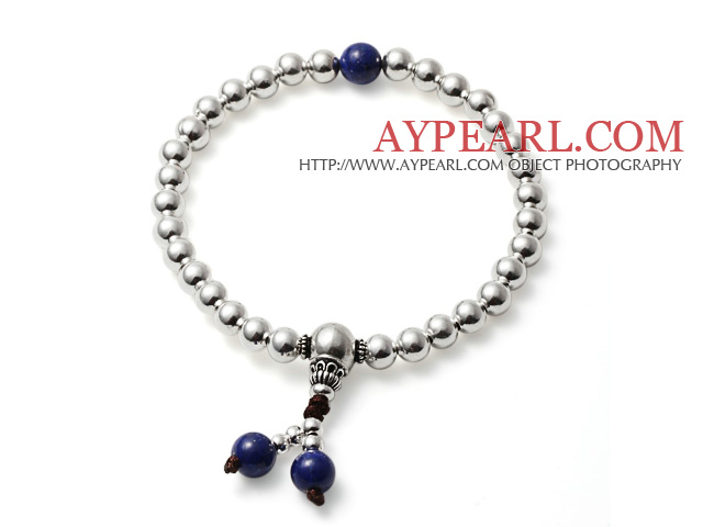 Conception simple de perles d'argent et perles de Lapis 6mm Bracelet 5mm élégant simple brin Rosaire / Prière Sterling