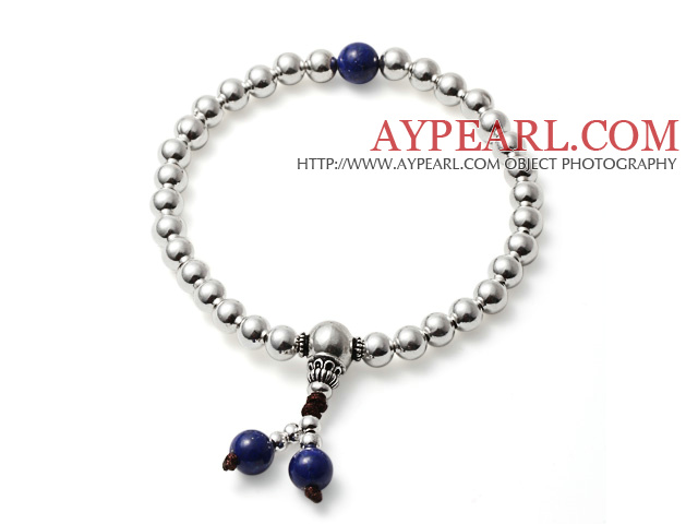 Enkel Design Elegant 5mm Sterling silver Pärlor Och 6mm Lapis pärlor Single Strand Rosenkransen / Prayer Armband