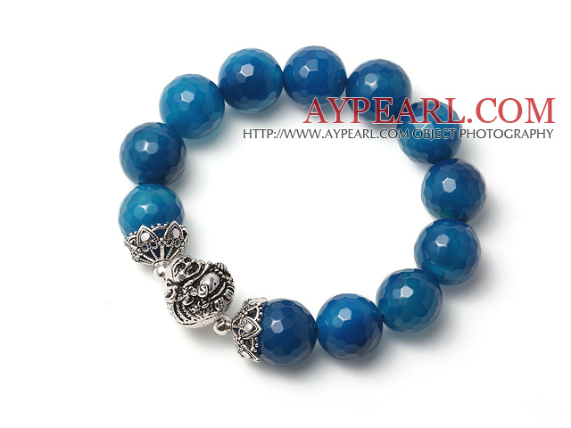 Fashion Single Strand Blue Faceted Agate Bracelet With 925 Sterling Silver Buddha Accessory