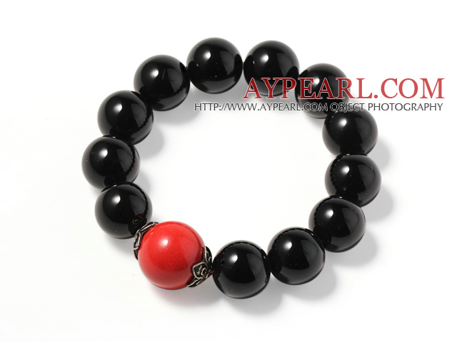 Simple Classic Design Agate naturel noir et cinabre Bracelet en argent sterling avec accessoire