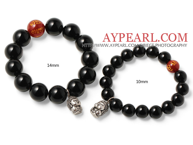 Enkla Classic Design Svart Tryckt Red Agate par armband med 925 sterling silver Buddha tillbehör