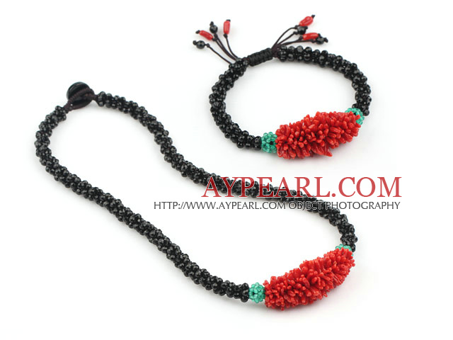 Природные Red Coral и черный агат Set (ожерелье и браслет согласованный)