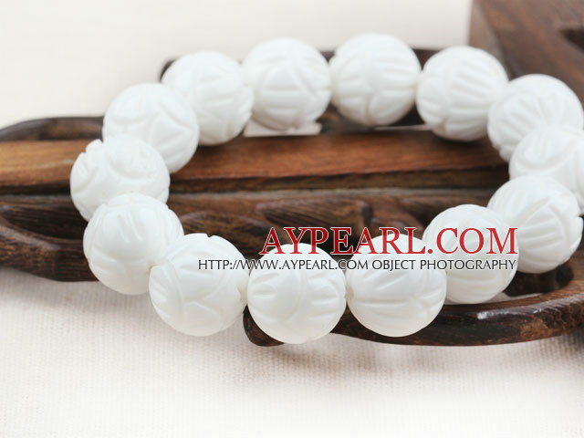 14mm Natural Carved Lotus White Sea Shell Elastic Bangle Bracelet