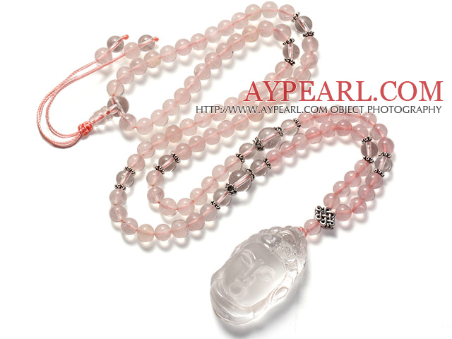 Fashion Vakker Ntural Rose Quartz og Clear Crystal Buddha anheng halskjede