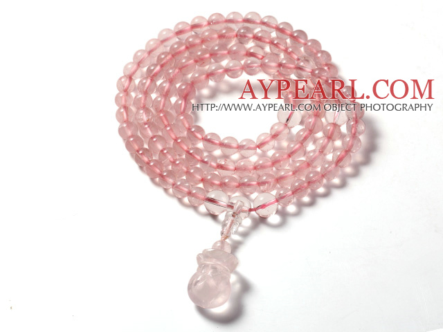 Lovely Fashion Stil Natur Rose Quartz 108 Perlen Rosenkranz / Gebet elastische Armband mit Rosenquarz-Geldbeutel-Zubehör