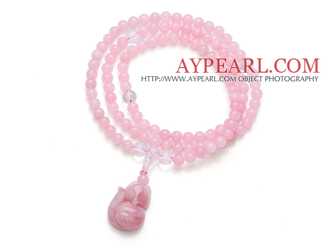 Lovely mote stil Natural Brasil Rose Quartz 108 Perler Rosary / Bønn Elastisk armbånd med Rose Quartz Fox Accessory