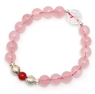 Lovely Simple Design Natural Rose Quartz And Clear Crystal And Sterling Silver Fish Accessory Elastic Bracelet