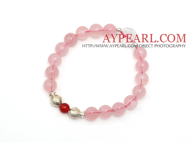 Lovely Simple Design Natural Rose Quartz And Clear Crystal And Sterling Silver Fish Accessory Elastic Bracelet