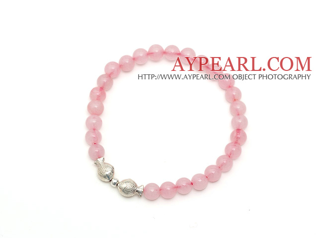 Lovely Simple Design Natural Brazil Rose Quartz And 925 Sterling Silver Fish Accessory Elastic Bracelet