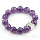 14mm Round Faceted Natural Amethyst Beaded Elastic Bangle Bracelet with Thailand Silver Accessory