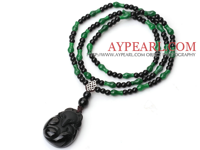 Trendy Style Black Agate And Malaysian jade Necklace With Obsidian Fox Pendant