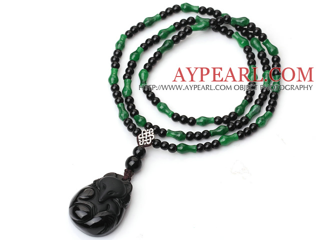 Trendy Style negru Agate și colier jad din Malaysia cu Obsidian Fox pandantiv