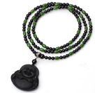 Trendy Style Black Agate And Green Jade Necklace With Obsidian Maitreya Buddha Pendant